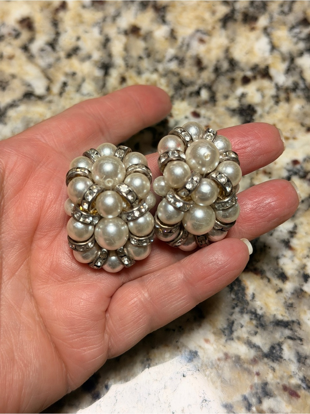 Pearl Cluster Clip-On Earrings - Silver and White